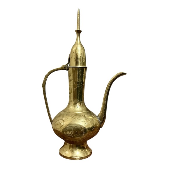 Brass Other - Brass Aftaba Arabian Pitcher Engraved Collectible Lidded Teapot VTG 1970s India